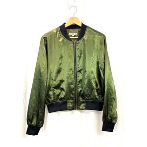 Color Story Women's Green Satin Bomber Jacket, Size L- Elevated Basic